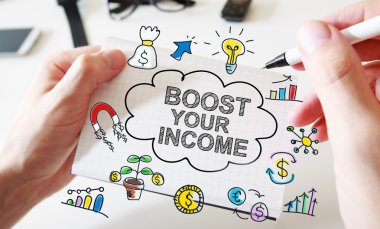 El çizim Boost Your gelir kavramı defter üzerinde mans