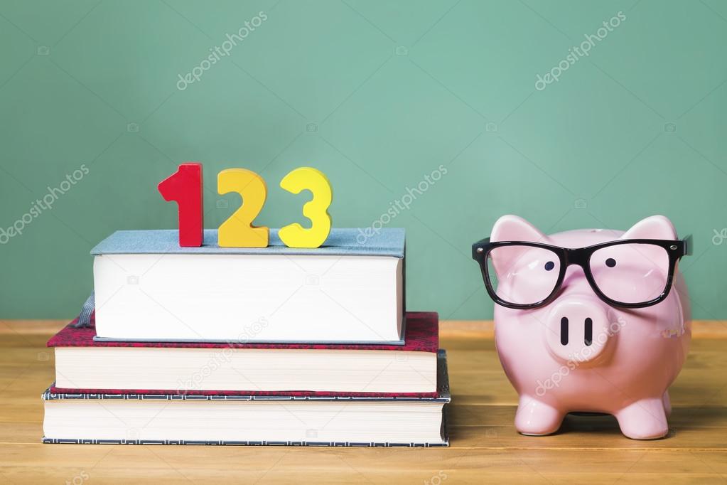 School with pink piggy bank with chalkboard