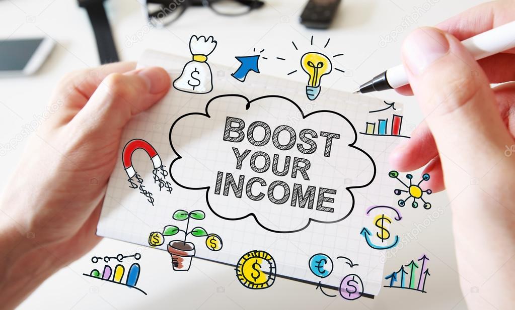 Mans hand drawing Boost Your Income concept on notebook