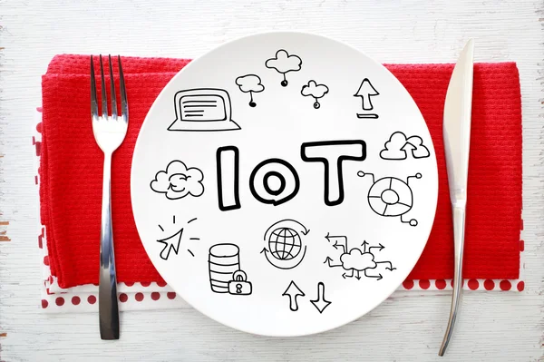 Iot-흰색 접시에 사물의 인터넷 개념 — 스톡 사진