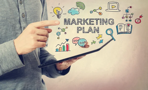 Hombre apuntando al concepto de Plan de Marketing —  Fotos de Stock