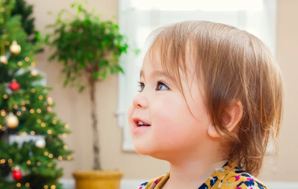 Toddler girl with a nice smile in front of her Christmas tree — Stock Photo, Image