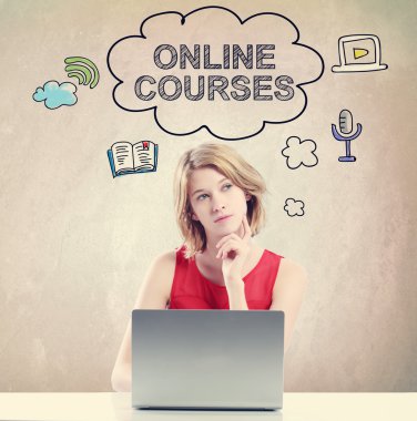 Online Courses concept with woman working on a laptop clipart