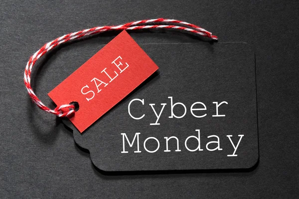 Cyber-Montag Verkauf Text auf einem schwarzen Tag — Stockfoto
