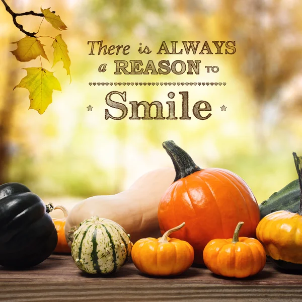 There is Always a Reason to Smile message with pumpkins — Stock Photo, Image