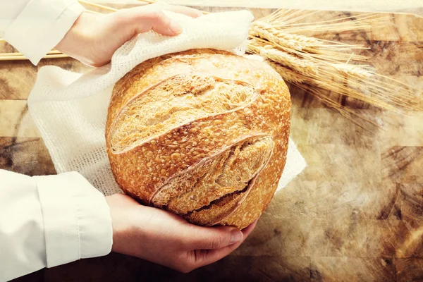Пекарь держит буханку хлеба на деревенском фоне — стоковое фото