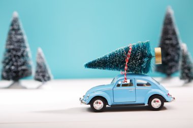 Bir Noel ağacı minyatür herdem yeşil orman içinde taşıyan araba