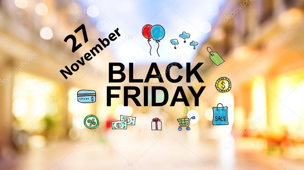 Black Firday November 27 text on blurred shopping mall background
