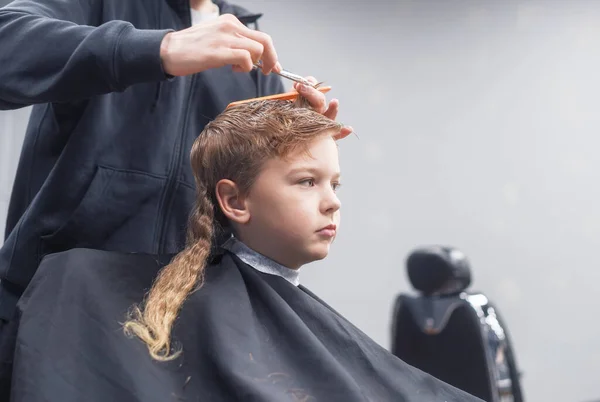 process of cutting hair of a blond boy in a barbershop salon, a barbershop concept for men and boys