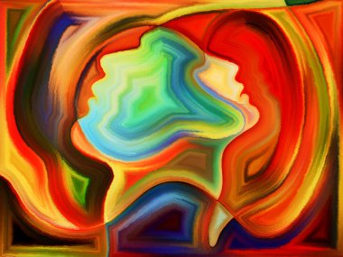 İnsan kafalarının renkli tasarımı boyalı cam desenleri anımsatıyor..