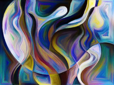Akışkan soyut formlar suluboya ve boyalı camları andıran canlı boya sanatı tarzında uygulanır.