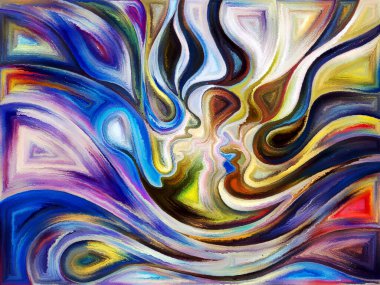 Flight of Love serisi. İlişkiler, tutku, arzu ve kader konularında zarif kıvrımlara sahip erkek ve kadın yüz profillerinin birleşimi