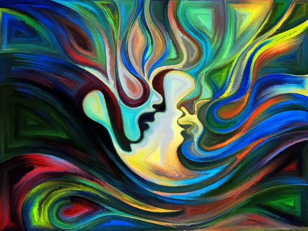 Flight of Love series. Composition of painting of male and female face profiles with graceful curves on the subject of relationships, passion, desire and fate