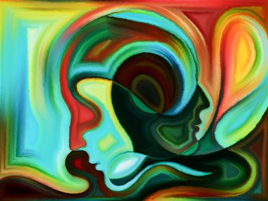 İnsan kafalarının renkli tasarımı boyalı cam desenleri anımsatıyor..