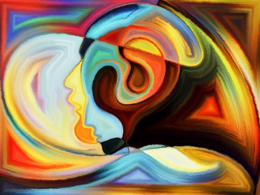 İnsan kafalarının renkli tasarımı boyalı cam desenleri anımsatıyor..