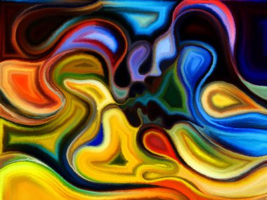 Kadın ve Erkek serisi. Erkek ve kadın profillerinin etkileşimi, renkli boya dokuları ve tutku, ilişki ve aşk konularındaki kıvrımlar.