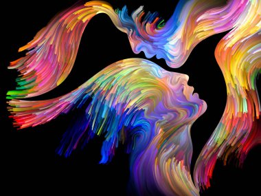 Love serisi kuş. Tuval renkli swirls ve negatif alan erkek şekillendirme, kadın profilleri ve kuş profilleri ilişki, sanat ve aşk konusunda.