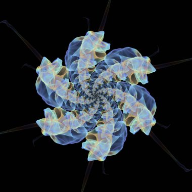 Sanat, bilim ve doğanın güzelliği konularındaki siyah arkaplanda izole edilmiş soyut fraktal desen.