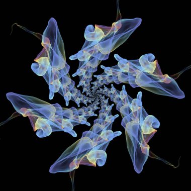 Sanat, bilim ve doğanın güzelliği konularındaki siyah arkaplanda izole edilmiş soyut fraktal desen.