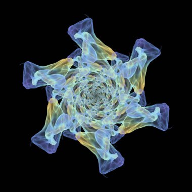 Sanat, bilim ve doğanın güzelliği konularındaki siyah arkaplanda izole edilmiş soyut fraktal desen.