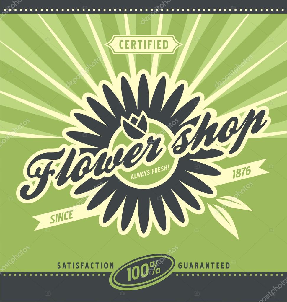 Flower shop retro poster layout. Vector banner design for florist store. Floral and gardening flyer template on green background.