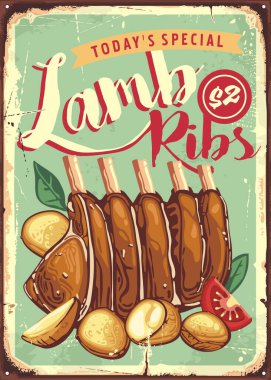 Kuzu pirzolası, nefis yemekli klasik restoran reklamı. Kızarmış et karıncalı patates retro posteri. Gıda vektörü illüstrasyonu.