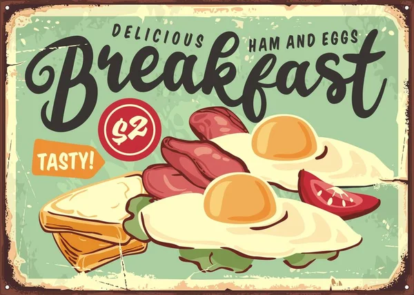 Frühstück Vintage Blechschild Mit Schinken Eiern Und Toast Küchendekoration Mit — Stockvektor