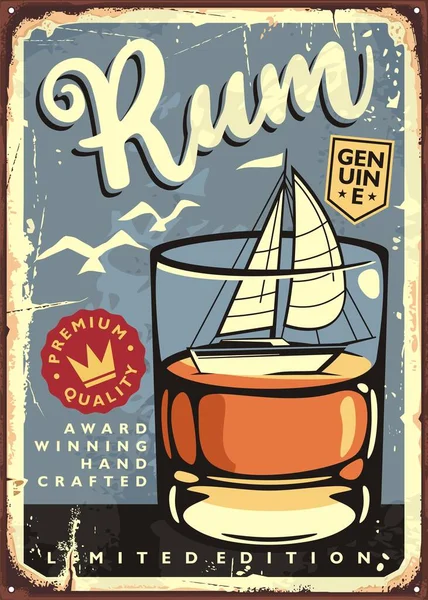 Rum Bord Met Glas Drank Zeilboot Vintage Poster Voor Drinkbar — Stockvector