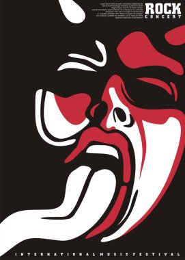 Alaycı şeytan suratlı rock konseri için poster tasarımı. Müzik festivali broşürü. Vektör müzik illüstrasyonu.