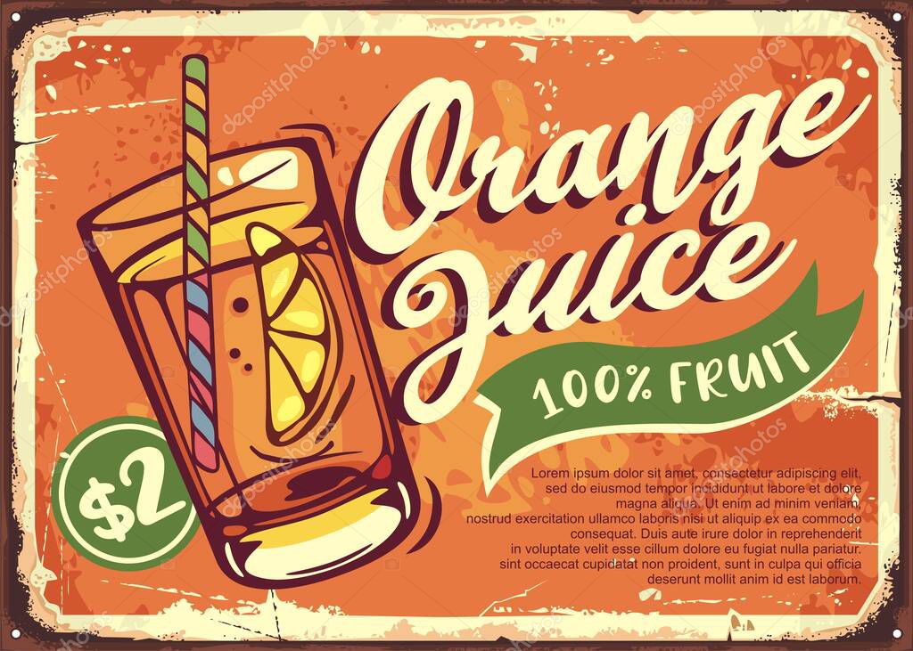 Orange juice vector advertisement illustration. Retro banner with glass of juice and orange slice.