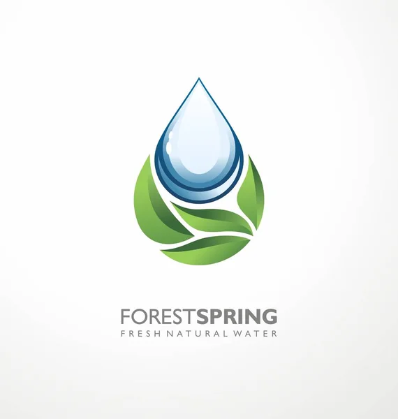 Σχεδιασμός Λογότυπου Φυσικού Νερού Σταγόνα Νερού Και Πράσινα Φύλλα Δάσους — Διανυσματικό Αρχείο