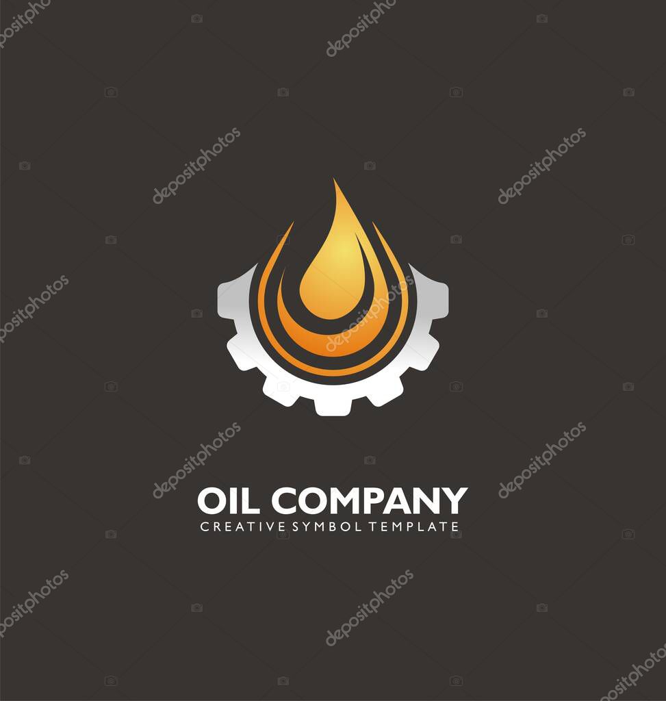 Flame symbol and oil drop creative logo sign idea for industrial business. Gear shape vector icon design.