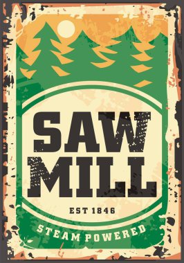 Sawmill marangozluk ve inşaat endüstrisi antika tabelası. Ağaç gövdesi ve kalaslar işleniyor. Vektör afişi reklamı.