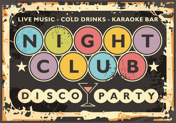 Night Club Vector Sign Post Colorful Lettering Cocktail Glass Disco — Stock Vector