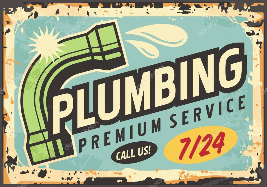 Plumbing service retro advertisement with pipe graphic and creative typography. Vintage vector sign fixing, maintenance and repair.