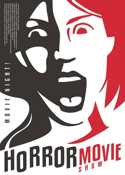 ホラー映画のジャンルのために芸術映画のポスターを叫んで衝撃的で怖がった女の子 ホラー映画祭ベクトルフライヤーテンプレートとともに恐怖の女性の肖像 — ストックベクタ