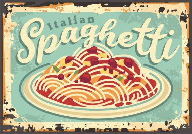 İtalyan spagetti, eski restoran tabelası tasarımı. Lezzetli makarna ve domates soslu yemek posteri. Vektör pizzacı menü düzeni.