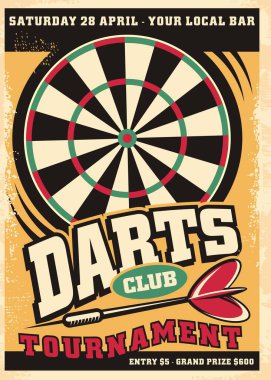 Dart turnuvası için dart tahtası ve okla poster tasarımı. Geçmişe dönük tatil ilanı. Promo vektör tasarımı düzeni.