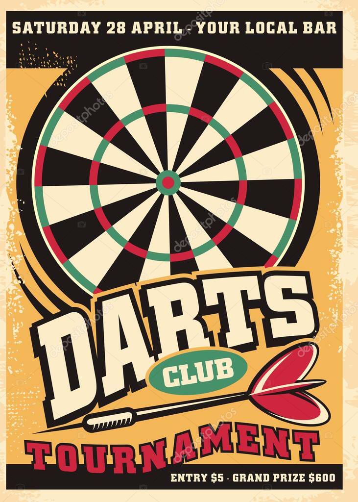 Poster design for darts tournament event with dartboard and arrow. Retro leisure flyer advertisement. Promo vector design layout.