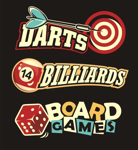 Logotipos Jogos Lazer Social Elementos Design Conjunto Dardos Bilhar Jogos — Vetor de Stock