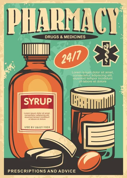 Gyógyszertár Retro Poszter Design Gyógyszerekkel Sziruppal Tablettákkal Gyógyszerekkel Vintage Jel — Stock Vector