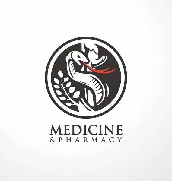 药学和药学标志设计理念与埃斯库拉皮斯工作人员和蛇 医疗和医药符号或符号概念 医疗保健业务的圆形病媒图标 — 图库矢量图片