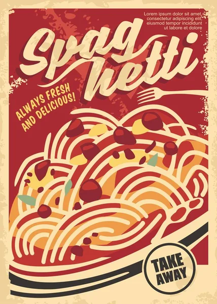 Spaghetti Tomatensaus Retro Poster Lay Out Heerlijke Pasta Met Vleesballen — Stockvector