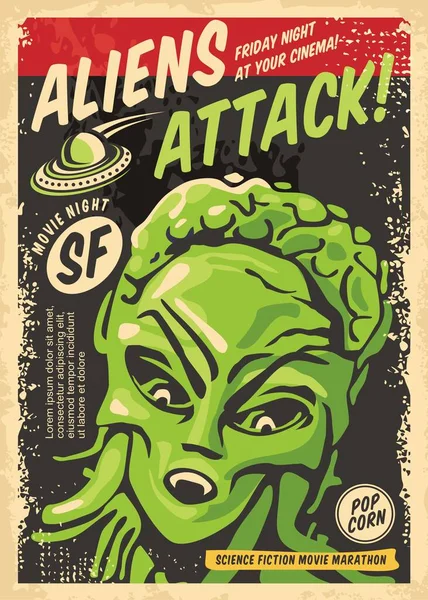 Aliens Attack Retro Poster Concept Science Fiction Movie Festival Inglés — Vector de stock