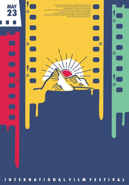 フィルムストリップと日没の風景画と国際映画祭の創造的なデザインのアイデア 映画祭のためのカラフルなポスターグラフィック シネマベクトルフライヤーレイアウト — ストックベクタ