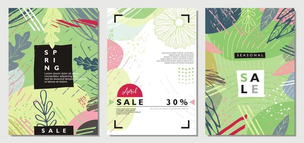 Voorjaar Seizoensgebonden Verkoop Banners Plakkaten Set Floral Decoratie Flyers Kaarten — Stockvector