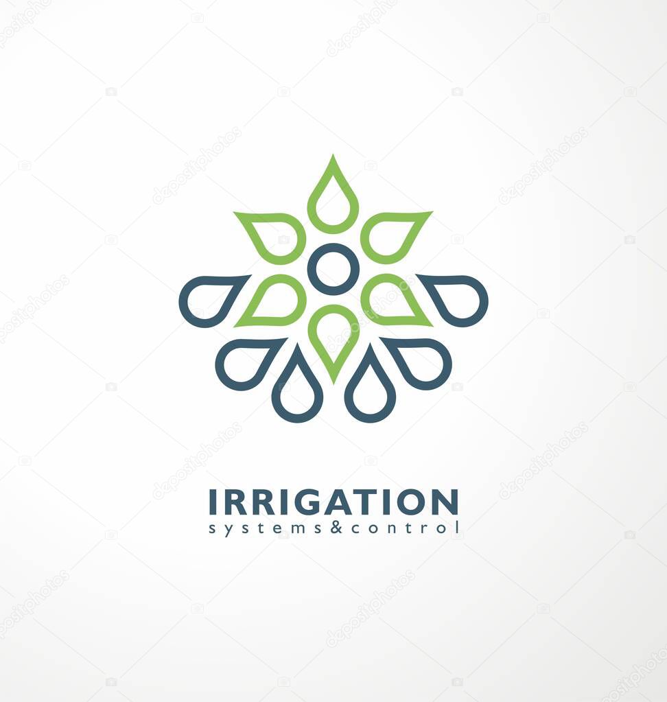 Irrigation logo idea with green plant and water drops. Agriculture industry logo symbol. Farming and agronomy vector icon design.