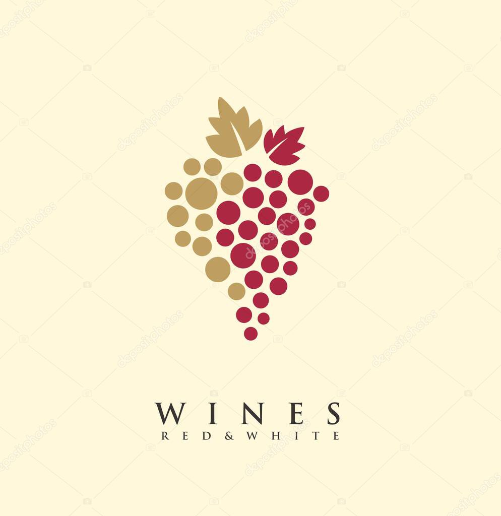 Red and white wines creative logo idea with grape symbol and golden leaves. Drink wines icon graphic. Logo design layout for vineyard or wine cellar.