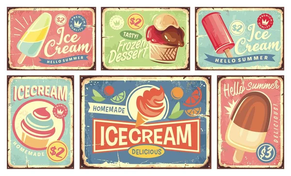 Ice Cream Summer Desserts Vintage Tin Signs Collection Retro Signs — Stock Vector