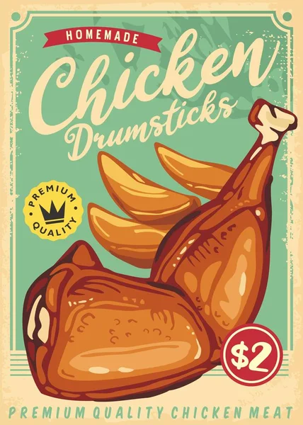 Roasted Chicken Drumsticks Retro Poster Promo Design Vintage Crispy Chicken — Stock Vector